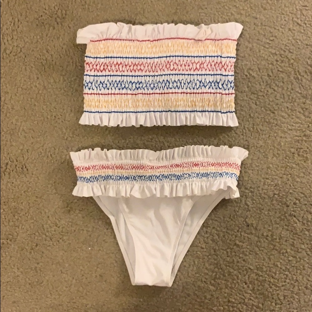 White Bathing Suit with Colorful Stitching